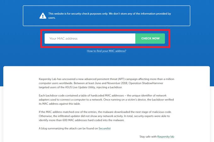 Naslov MAC vpišemo v obkroženo polje in kliknemo na gumb Check Now, s čimer preverimo, ali je okužen tudi naš računalnik. Seveda to deluje le, če imamo računalnik znamke Asus. | Foto: Matic Tomšič / Posnetek zaslona