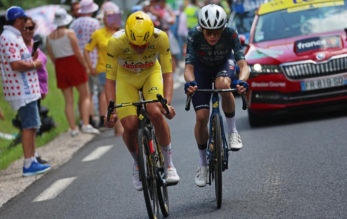 Tadej Pogačar, TDF 2024 | Tadeju Pogačarju se danes ni uspelo otresti Jonasa Vingegaarda. | Foto Reuters