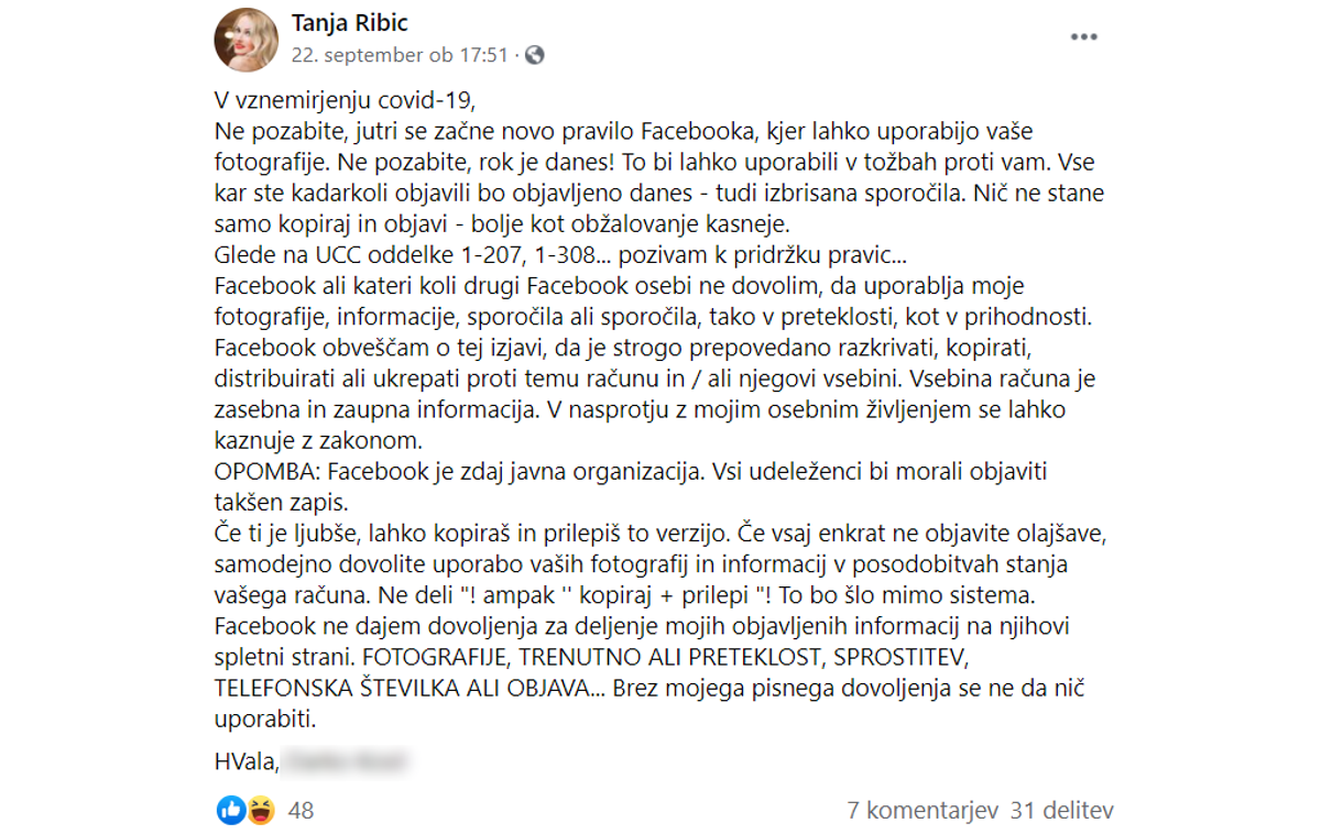 Tanja | Lažno besedilo se za reševanje pravnih sporov glede zasebnosti na Facebooku tokrat presenetljivo ne sklicuje na rimski statut, temveč na enotni trgovinski zakonik ZDA. V obeh primerih gre sicer za napihovanje, ki s to objavo nima nobene povezave.  | Foto Matic Tomšič / Posnetek zaslona