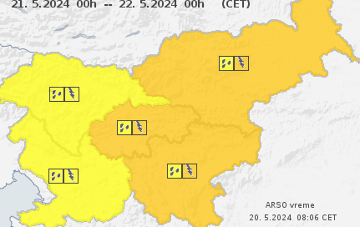 Arso opozorilo | V torek popoldne bodo nekatere dele države zajele močnejše nevihte. | Foto meteo/Arso/gov.si