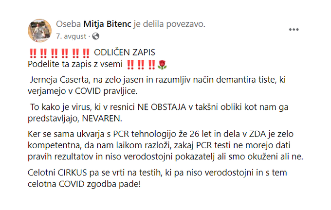 Objava, ki jo je Mitja Bitenc v skupini PROTI jesenskemu omejevanju življenja pustil približno mesec dni pred hospitalizacijo zaradi bolezni covid-19.  | Foto: Matic Tomšič / Posnetek zaslona