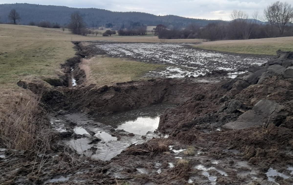 izlitje gnojnice pri Postojni | Čeprav je lastnik takoj po dogodku začel sanacijo stanja, se je precejšen del gnojnice prelil na nižjeležeče območje in se premikal proti Nanoščici. | Foto STA