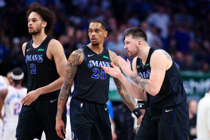 Dallas Mavericks Luka Dončić, P. J. Washington, Dereck Lively II | Dallas bo v noči na četrtek začel finale zahodne konference. | Foto Reuters