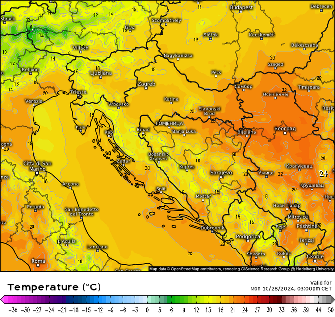 V začetku tedna se bodo najvišje dnevne temperature na hrvaški obali gibale od 20 do 24 stopinj Celzija. V nadaljevanju tedna bo še veliko sonca, a termometri se bodo dan za dnem povzpeli za del stopinje Celzija manj. Ob koncu tedna se bo, podobno kot pri nas, tudi pri južnih sosedih sezona jesensega kopanja zaključila. Prišla bo namreč izrazita ohladitev. | Foto: meteologix