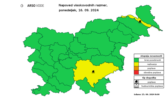 Napoved visokovodnih razmer za ponedeljek, 16. 9. | Foto: Arso