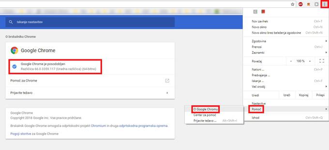 Brskalnik Chrome posodobimo tako, da v zgornjem desnem kotu kliknemo ikono s tremi pikami, ki odpre glavni meni, nato pa poiščemo Pomoč/O Google Chromu. Brskalnik bo nato samodejno preveril, ali je na voljo najnovejša posodobitev, in jo tudi takoj namestil. Alternativna pot je prenos nove različice Chroma na računalnik in namestitev od tam. Kliknite na to sliko za neposredno povezavo do namestitvene datoteke.  | Foto: Matic Tomšič