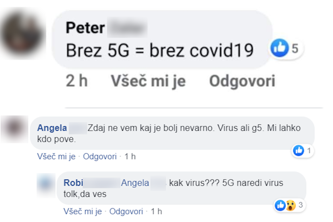 Teorije zarot o epidemiji bolezni covid-19 so se po družbenih omrežjih začele širiti manj kot teden dni po zaprtju države. Sprva je bilo za pojav bolezni krivo omrežje 5G, kasneje pa so se teorije zarot stopnjevale do te mere, da mnogi Slovenci sploh niso več verjeli, da virusi obstajajo.  | Foto: Matic Tomšič / Posnetek zaslona