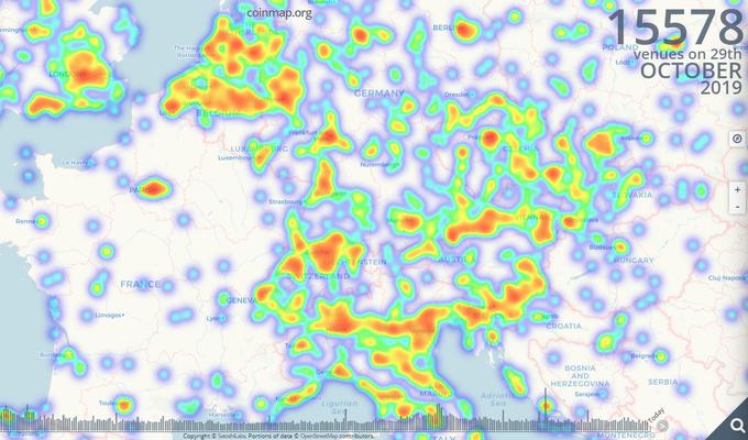 Po podatkih Coinmap.org je po vsem svetu trenutno 15.578 fizičnih trgovcev, ki kot veljavno plačilno sredstvo sprejemajo kriptovaluto bitcoin. Največ jih je v srednji in zahodni Evropi, v ZDA in v Južni Ameriki. | Foto: Matic Tomšič / Posnetek zaslona