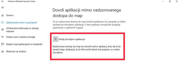 Kateri programi lahko dostopajo do zavarovanih map in kateri ne, odloča Microsoft, a ima v večini primerov kar prav, zato vklop funkcije Nadzorovan dostop do map uporabnikov najverjetneje ne bo motil. Dostop do zaščitenih map lahko sicer ročno omogočimo vsakemu programu.  | Foto: Matic Tomšič