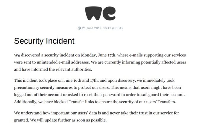 Izjava za javnost o varnostnem incidentu, ki jo je izdal WeTransfer. | Foto: Matic Tomšič / Posnetek zaslona