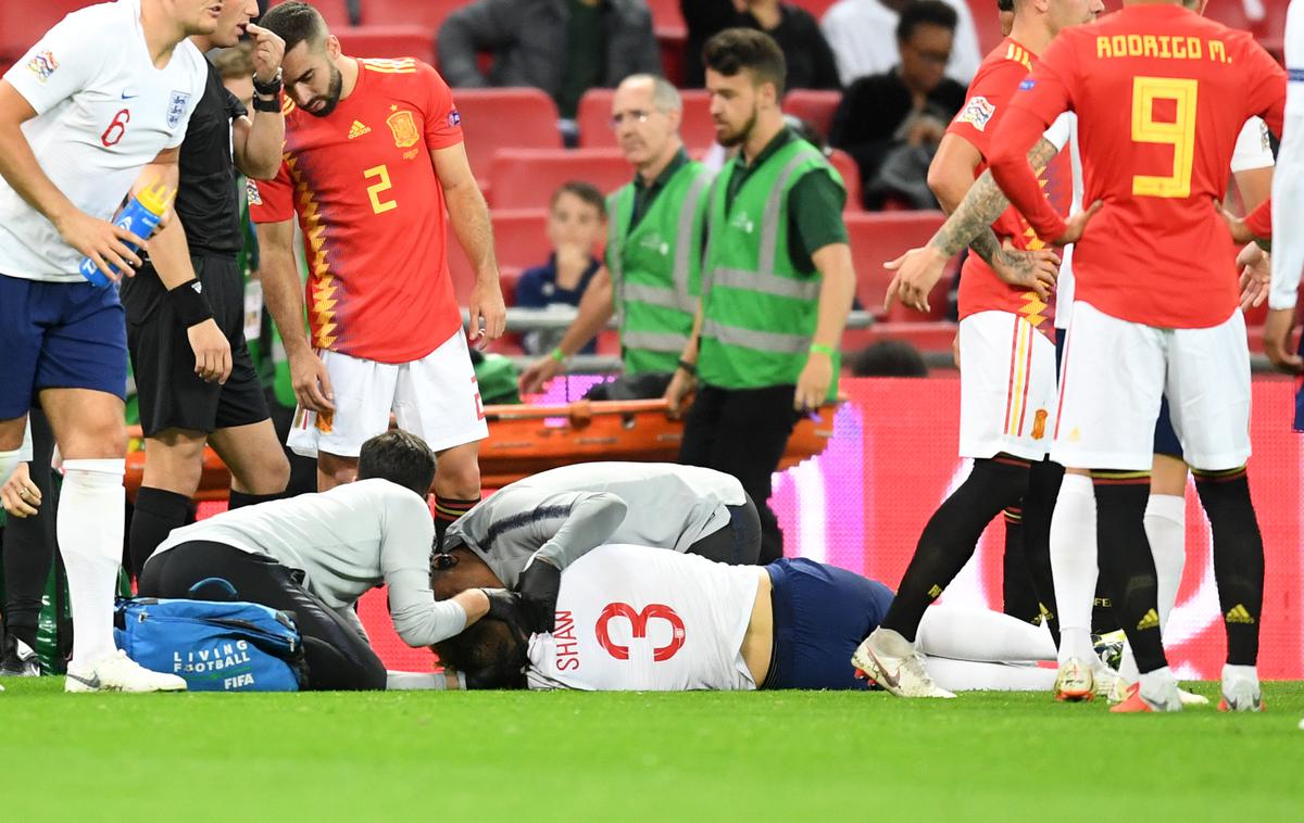 Luke Shaw | Luke Shaw je na zelenici kultnega Wembleyja obležal v 47. minuti. | Foto Getty Images