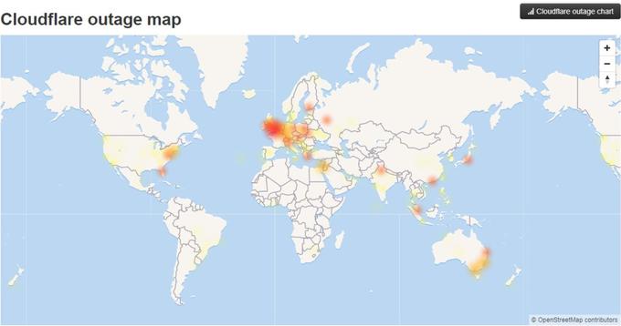 Lokacije, ki jih je prekinitev storitev podjetja Cloudflare prizadela najbolj. Cloudflare spletnim stranem sicer ponuja infrastrukturo, s katero lahko njihove vsebine in storitve hitreje dosežejo uporabnike, nudi pa jim tudi dodaten sloj varovanja podatkov. | Foto: Matic Tomšič / Posnetek zaslona