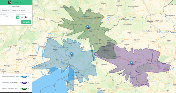 Prejšnje poizvedbe dosega vožnje z določene lokacije se shranjujejo, dokler jih uporabnik s klikom na X v spodnjem levem kotu zaslona ne pobriše. V konkretnem primeru smo preverili, kje je z vidika vožnje najbolj "fer" lokacija za srečanje prijateljev, ki živijo v Novi Gorici, Novem mestu in na Jesenicah, vsak pa bi se vozil okrog eno uro. Najbolje bo, da se sestanejo ali na Vrhniki ali v Logatcu. V prvem primeru bosta nekoliko dlje vozila prijatelja z Jesenic in Nove Gorice, v drugem pa prav tako Jeseničan in Novomeščan.  | Foto: Matic Tomšič / Posnetek zaslona