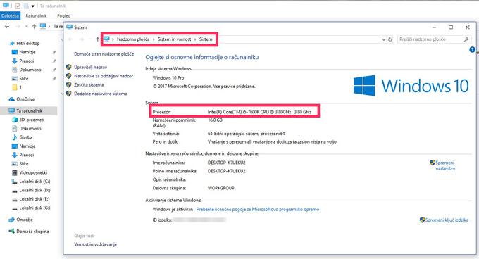 Kateri procesor imate, lahko v operacijskem sistemu Windows (prikazan je Windows 10) preverite v oknu s sistemskimi informacijami. Z zgornjim kvadratkom je obkrožen postopek, kako pridete do teh podatkov, s spodnjim pa tip procesorja. Tudi nas lahko skrbi upočasnitev.  | Foto: Matic Tomšič