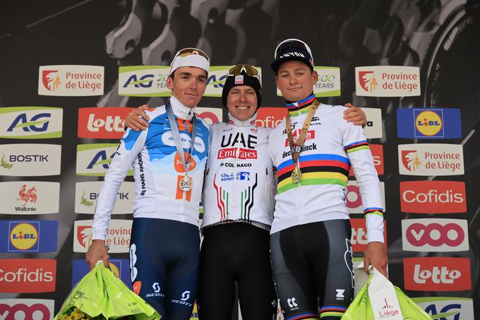 Najboljši trije na Liege–Bastogne–Liege: tretji Bardet, zmagovalec Pogačar in tretji van der Poel | Foto: Guliverimage