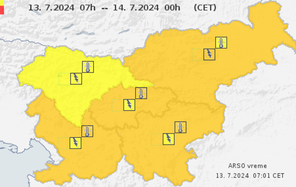 ARSO | Arso je zaradi velike toplotne obremenitve in možnosti neviht izdal oranžno opozorilo.  | Foto Arso