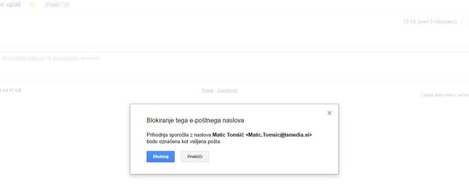 Gmail vas bo vprašal, če res želite blokirati pošiljateljev e-poštni naslov. Če se strinjate, kliknite na modri gumb Blokiraj. | Foto: Matic Tomšič