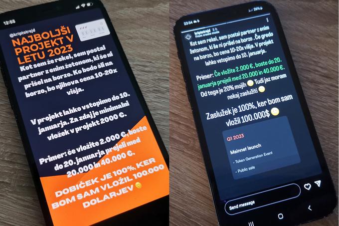 Dve vabili k naložbi, ki ju je na Instagramu v zadnjih dneh objavil profil @kriptotrejd. | Foto: Matic Tomšič