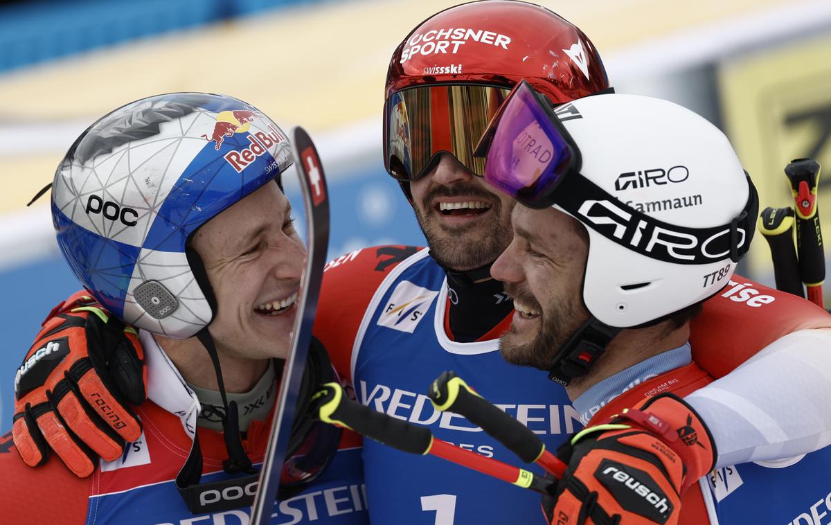 Loic Meillard | Zmagovalec veleslalomske preizkušnje v Hafjellu v družbi rojakov Marca Odermatta in Thomasa Tumlerja. | Foto Guliverimage