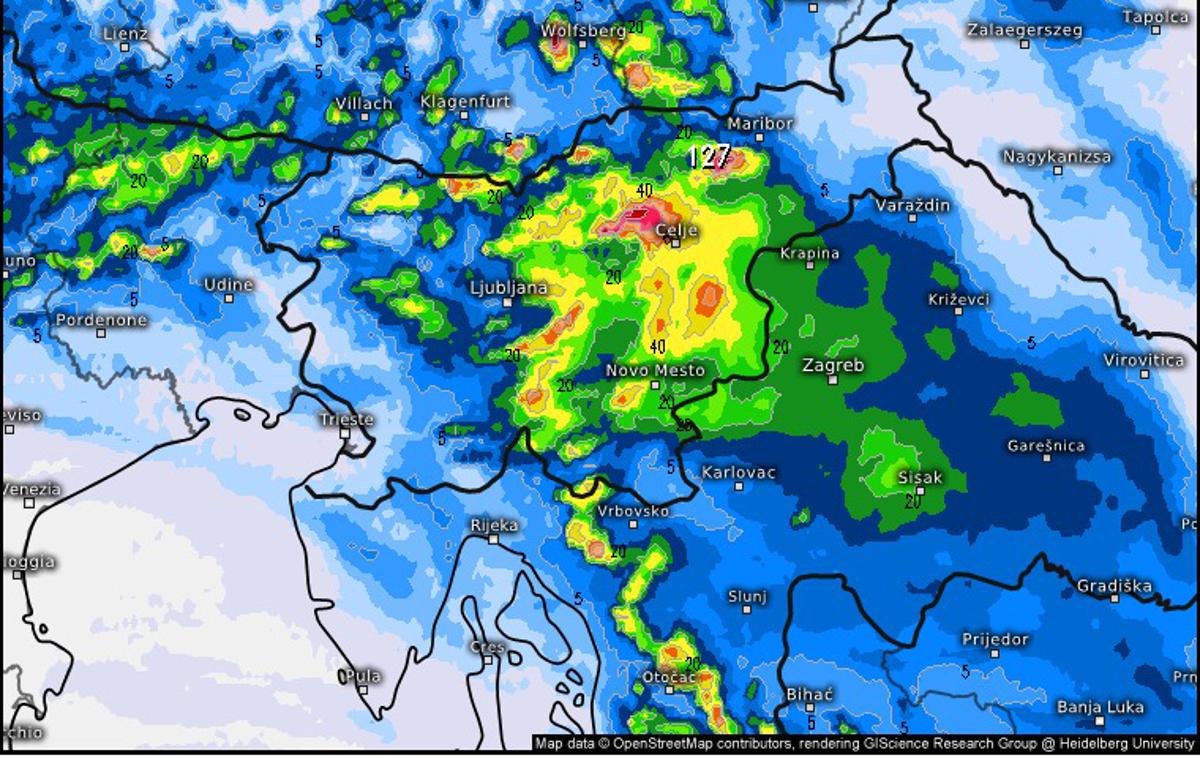 Meteoinfo | Slika prikazuje predvideno količino padavin do jutri zjutraj po modelu ICON-D2. Prikazan je le eden izmed scenarijev. | Foto Meteoinfo