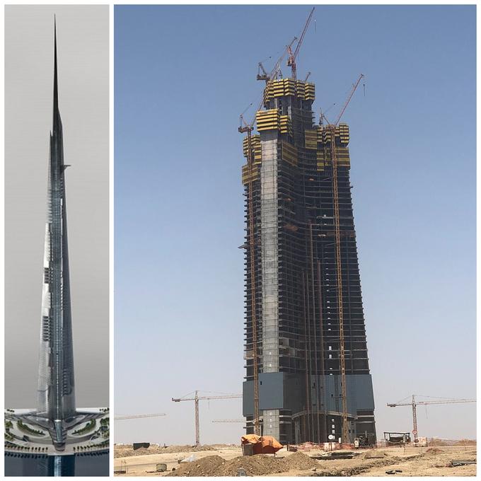 Savdski Jeddah Tower: levo njegova načrtovana podoba, desno pa njegovo dejansko stanje, odkar so se dela ustavila. | Foto: Thomas Hilmes/Wikimedia Commons