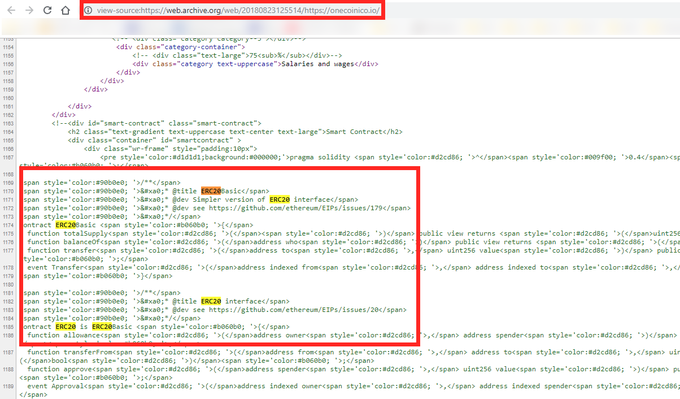 V izvorni kodi ene od prejšnjih različic spletne strani onecoinico.io, do katere je mogoče priti z uporabo orodja Wayback Machine, je mogoče zaslediti omembe ERC20, kar je ime standarda za implementacijo kriptožetonov na platformi ethereum. Najti je mogoče tudi digitalno denarnico, v kateri je 120 milijard za zdaj še nedotaknjenih kriptožetonov OFC. Ruja Ignatova je oktobra 2016 število onecoinov v obtoku sicer povečala prav na 120 milijard. 
 | Foto: Matic Tomšič