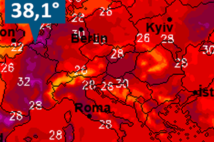 Vreme | Nizozemski vremenski portal Weer & Radar je za prikaz visokih temperatur že leta 2018 uporabljal dramatično barvno shemo, kar je uporabnik Facebooka, ki meteorologe obtožuje manipuliranja, pozabil omeniti oziroma tega ni storil, saj sicer ne bi imel razloga za objavljanje. | Foto posnetek zaslona