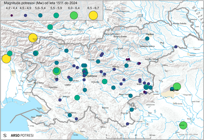 Zemljevid Slovenije z vsemi močnejšimi zabeleženimi potresi od leta 1511 do danes s pripadajočimi magnitudami | Foto: Arso