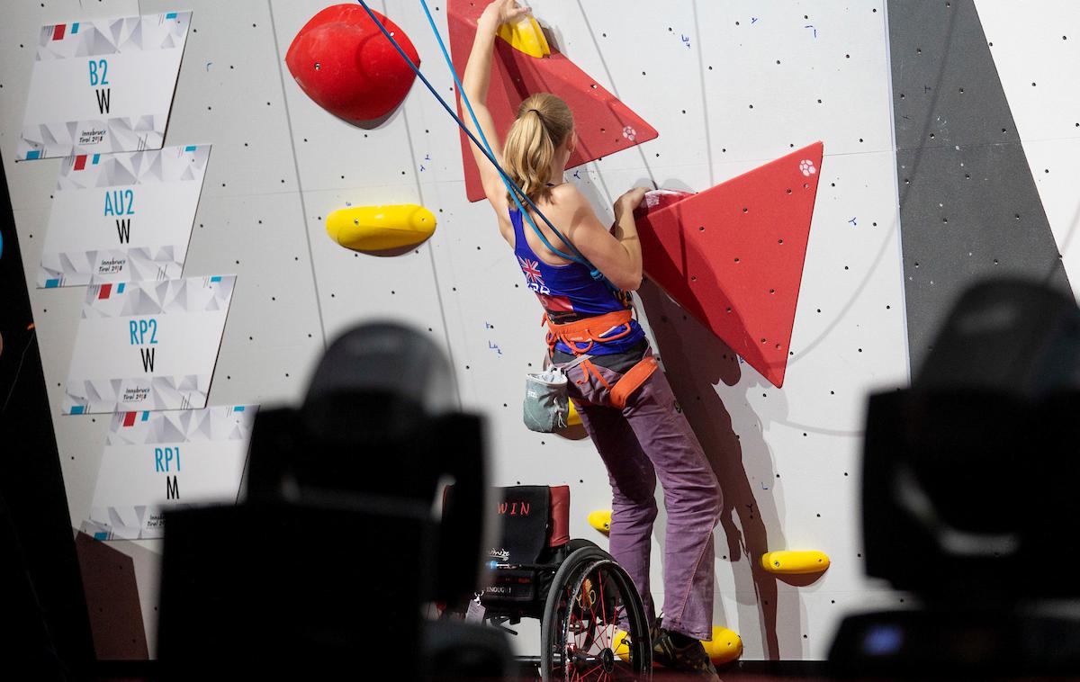 paraplezanje paraclimbing finale Innsbruck 2018 SP | Najboljši paraplezalci na svetu so na svetovnem prvenstvu v Innsbrucku tekmovali v 12 razredih. Britanka Baldwin Hannah je postala svetovna prvakinja v razredu gibalno oviranih RP2. | Foto Urban Urbanc/Sportida