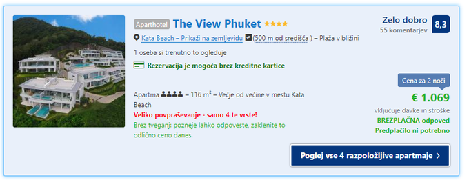 Pri CrowdBridge Globalu pravijo, da apartma v Phuketu oddajajo prek spletne strani booking.com. Ena prenočitev v apartmaju za štiri osebe stane 535 evrov. Če predpostavimo, da bo apartma polno zaseden vse dni v letu in odmislimo vse morebitne stroške za lastnika apartmaja, mu bo oddajanje nepremičnine konec leta prineslo, če zaokrožimo, 195 tisoč evrov. 70 odstotkov od tega zneska, toliko si namreč razdelijo lastniki kriptožetonov BFT, preostanek pobere podjetje, je skoraj 137 tisoč evrov. To je treba razdeliti na 3.919 delov - toliko je bilo kupljenih kriptožetonov BFT. Kdor ima enega, je enem letu ob popolnem izkoristku apartmaja s kriptožetonom, za katerega je plačal 150 evrov, zaslužil 35 evrov. Ker je lastnikov več kot štirikrat manj od kupljenih žetonov, ima povprečen kupec v lasti 4,11 kriptožetona BFT, kar pomeni, da je od oddajanja nepremičnine prejel 144 evrov.  | Foto: Matic Tomšič / Posnetek zaslona