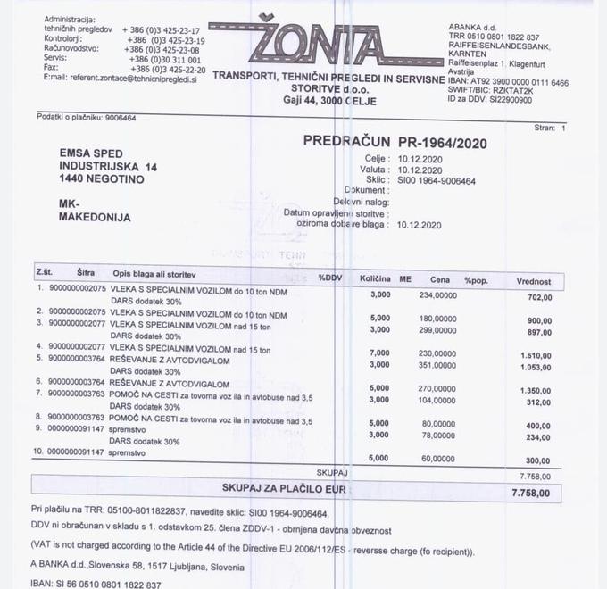 Eden od dveh predračunov, ki jih je prejel lastnik tovornjaka iz Makedonije, udeležen v nedavni nočni zdrs na avtocesti pri Ptuju. Skupni znesek obeh predračunov je bil 14 tisoč evrov. | Foto: 