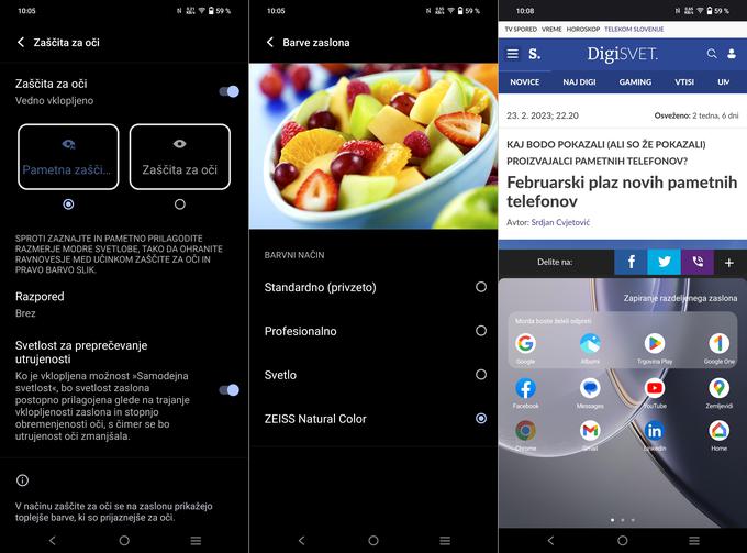 Levo: veliko pozornosti je tako s strojno kot s programsko opremo namenjeno preprečevanju utrujanja oči
Sredina: barvni profili zaslonskega prikaza
Desno: z enim premikom treh prstov do deljenega zaslona (če aplikacija tak prikaz podpira) | Foto: Srdjan Cvjetović