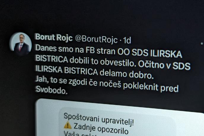 Borut Rojc, X | Predsednik občinskega odbora SDS Ilirska Bistrica je to objavo na družbenem omrežju X izbrisal, vendar pa je na spletu še vedno prisotna prek posnetkov zaslona, ki jih je objavilo več slovenskih uporabnikov družbenih omrežij, in tudi prek nedavno arhivirane različice v sistemu Google Cache.  | Foto Matic Tomšič