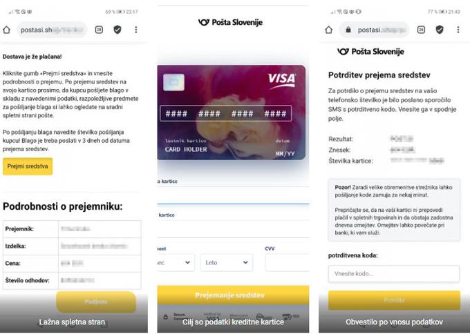 Pod krinko nakazila kupnine je treba vpisati podatke o kreditni kartici in tudi potrditveno kodo iz SMS-sporočila. S temi podatki lahko napadalci ukradejo sredstva z računa žrtve, in sicer tudi do višine limita. | Foto: SI-CERT