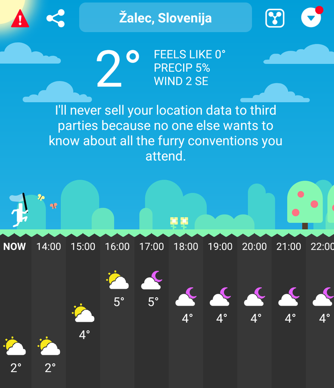 Da njihovih podatkov ne bo prodal naprej, Carrot Weather uporabnikom večkrat zagotovi na šaljiv način. V tem primeru uporabnika miri, da bo njegova zgodovina lokacij ostala zasebna, ker nikogar ne zanima, katere konvencije "za odrasle" redno obiskuje.  | Foto: Matic Tomšič / Posnetek zaslona