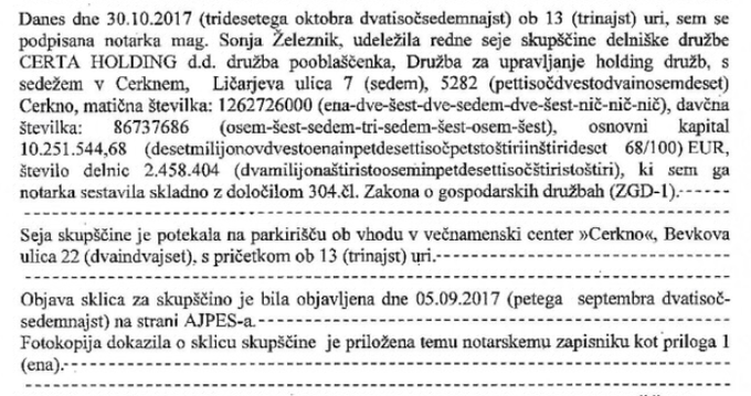 Zapis skupščine Certe Holdinga, ki ga je posredoval Batagelj, kaže, da naj bi ta potekala v času 'uradne' skupščine, in sicer na parkirišču pred stavbo. | Foto: Ajpes