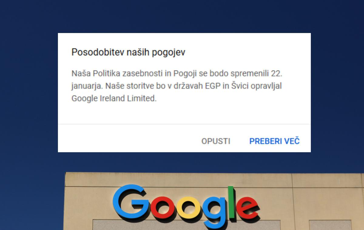 Google obvestilo | Sporočilo o spremembah, ki začnejo veljati 22. januarja, se pojavi v več oblikah. Lahko je plavajoče okno kot to na fotografiji, lahko pa je pasica ob zgornjem robu zaslona spletnega brskalnika.  | Foto Matic Tomšič / Reuters