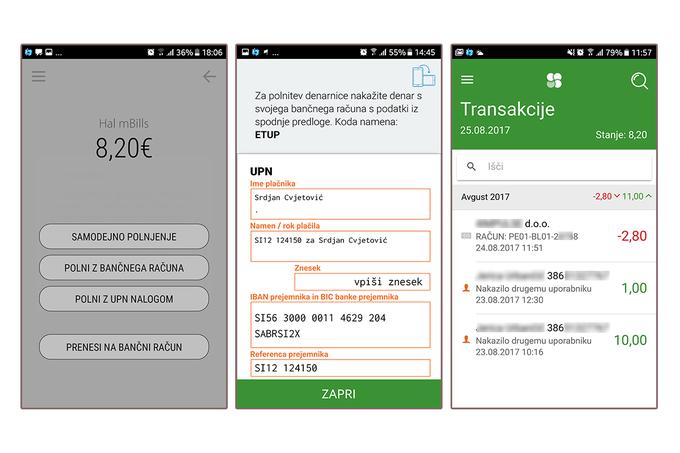 Med možnostmi polnjenja e-denarnice aplikacije Hal mBills (slika levo) je tudi nakazilo prek položnice ali spletne banke - aplikacija zagotovi vse potrebne podatke za plačilni nalog (slika v sredini). Vse opravljene transakcije uporabnika so zbrane na enem mestu (slika desno). | Foto: Srdjan Cvjetović
