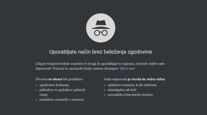 Na prilagojenost rezultatov iskanja prav tako ne vpliva uporaba tako imenovanega načina inkognito, ki v spletnem brskalniku ne beleži zgodovine in drugih podatkov.  | Foto: Matic Tomšič / Posnetek zaslona