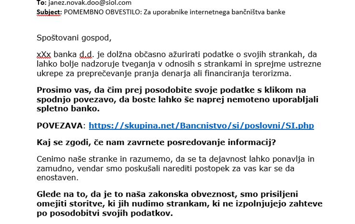 Policija | Na fotografiji je primer e-poštnega sporočila, ki ga naokoli pošiljajo lažni bankirji.  | Foto GPU