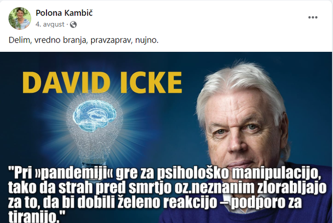 Icke je bil v začetku leta 2020 eden prvih, ki so trdili, da koronavirus SARS-CoV-2 ne obstaja in da simptome bolezni covid-19 v resnici povzročajo mobilna omrežja pete generacije 5G. Absurdno trditev, katere razpečevanje se je čez poletje vendarle nekoliko umirilo, so v spletnih skupnostih, ki so nasprotovale uvedbi omrežja 5G, ob začetku epidemije množično delili tudi Slovenci. Šlo je sicer za tako ekstremno teorijo, da so se od nje javno distancirali tudi organizatorji največjega gibanja proti tehnologiji 5G v državi.  | Foto: Matic Tomšič / Posnetek zaslona