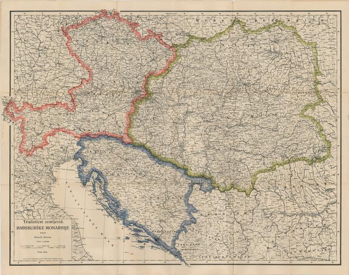 Trialistična preureditev habsburške monarhije, ki so ji zelo nasprotovali nemški nacionalisti, še zlasti pa Madžari, je imela več različic. Na zemljevidu iz leta 1909, ki ga je izdelal knez Heinrich Hanau, je v južnoslovansko enoto vključeno tudi slovensko ozemlje južno od Drave. Kot nekakšno nadomestilo za izgubo Hrvaške in Slavonije je Hanau Ogrski prisodil poljski del Šlezije, Galicijo in Bukovino, ki so bili del avstrijske polovice habsburške monarhije. Knez Hanua je južnoslovansko enoto poimenoval Kraljevina Ilirija, v okviru katere bi imela Slovenija določeno avtonomijo. Poleg Kranjske ter Koroške in Štajerske južno od Drave bi Slovenija po Hanau obsegala tudi celotne Gorjance, Trst, Goriško-Gradiščansko in severno Istro skoraj do reke Mirne. | Foto: Thomas Hilmes/Wikimedia Commons