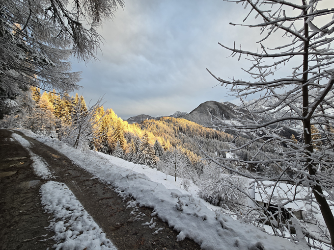 Višje ležeče predele je sredi tega tedna pobelil sneg. Fotografija je nastala v sredo, 20. 11. 2024, nad prelazom Jezerski vrh. | Foto: David Florjančič