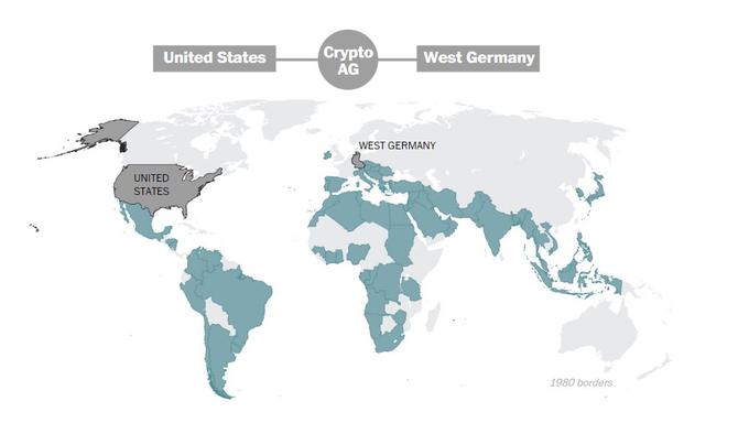 Države, kamor je Crypto AG brez dvoma prodajal svojo opremo za šifriranje komunikacij. | Foto: Posnetek zaslona / The Washington Post