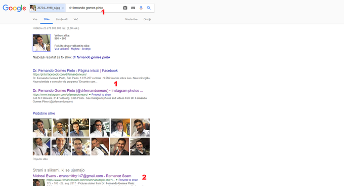 Google vam bo pokazal rezultate iskanja. Takoj izvemo, kdo je na fotografiji (1), nadaljnji rezultati iskanja pa uporabnika tudi opozorijo na povezavo iskanega obraza in spletnih prevar (2). 

 | Foto: Matic Tomšič