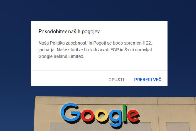 Google obvestilo | Sporočilo o spremembah, ki začnejo veljati 22. januarja, se pojavi v več oblikah. Lahko je plavajoče okno kot to na fotografiji, lahko pa je pasica ob zgornjem robu zaslona spletnega brskalnika.  | Foto Matic Tomšič / Reuters