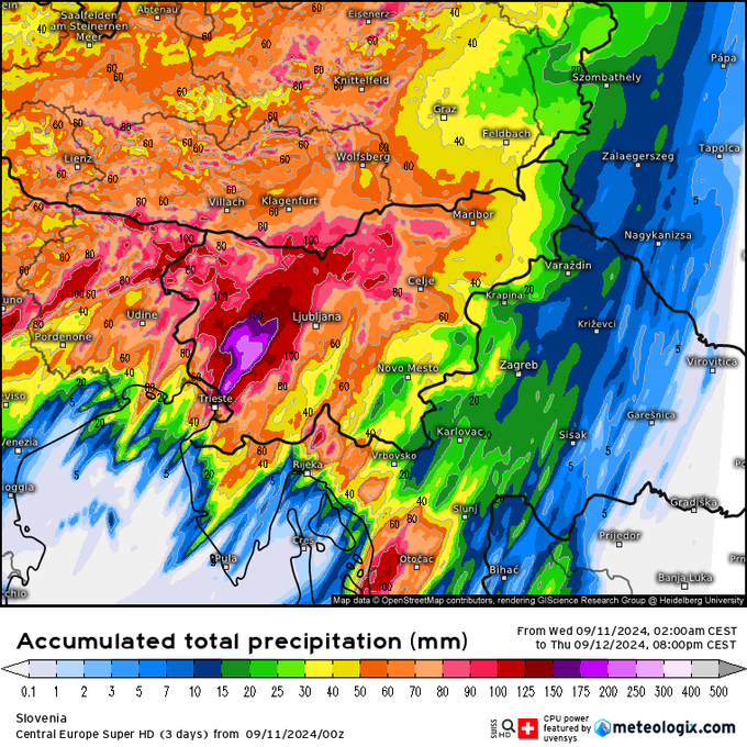 Na sliki je izračun pričakovane količine padavin po enem izmed meteoroloških modelov. Največ padavin pričakujemo na zahodu države, proti vzhodu se bodo količine padavin zmanjševale. | Foto: meteologix