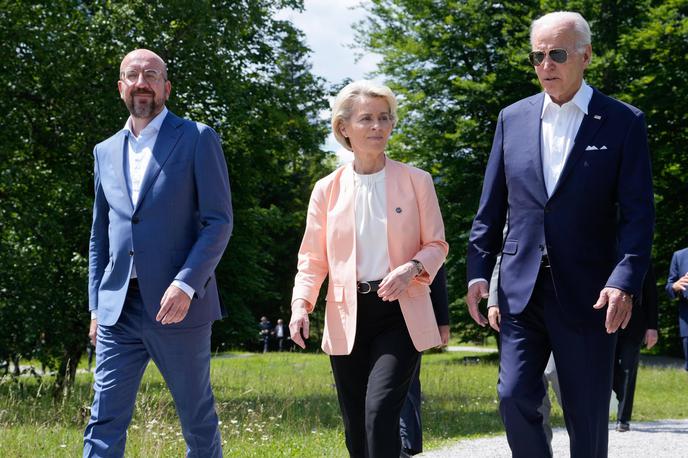 Joe Biden, Ursula von der Leyen in Charles Michel | Na vrhu EU-ZDA bo ZDA predstavljal predsednik Joe Biden, EU pa predsednica Evropske komisije Ursula von der Leyen in predsednik Evropskega sveta Charles Michel. Na fotografiji: Biden, von der Leynova in Michel na lanskem srečanju držav G7 v Nemčiji. | Foto Guliverimage