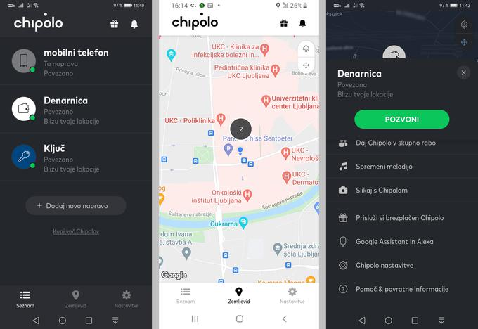 Trije zaslonski posnetki aplikacije Chipolo nakazujejo, kaj vse znajo in zmorejo istoimenski obeski in kartice. | Foto: Srdjan Cvjetović