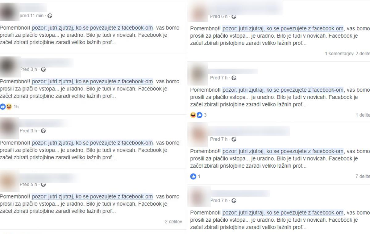 Facebook | Nekaj primerov uporabnikov Facebooka, ki so delili najnovejše prevarantsko sporočilo. To so zgolj tisti, ki svoje zapise objavljajo javno. Koliko je takih, ki so zavajajoče sporočilo delili na svojih zasebnih profilih, ne vemo. | Foto Matic Tomšič / Posnetek zaslona